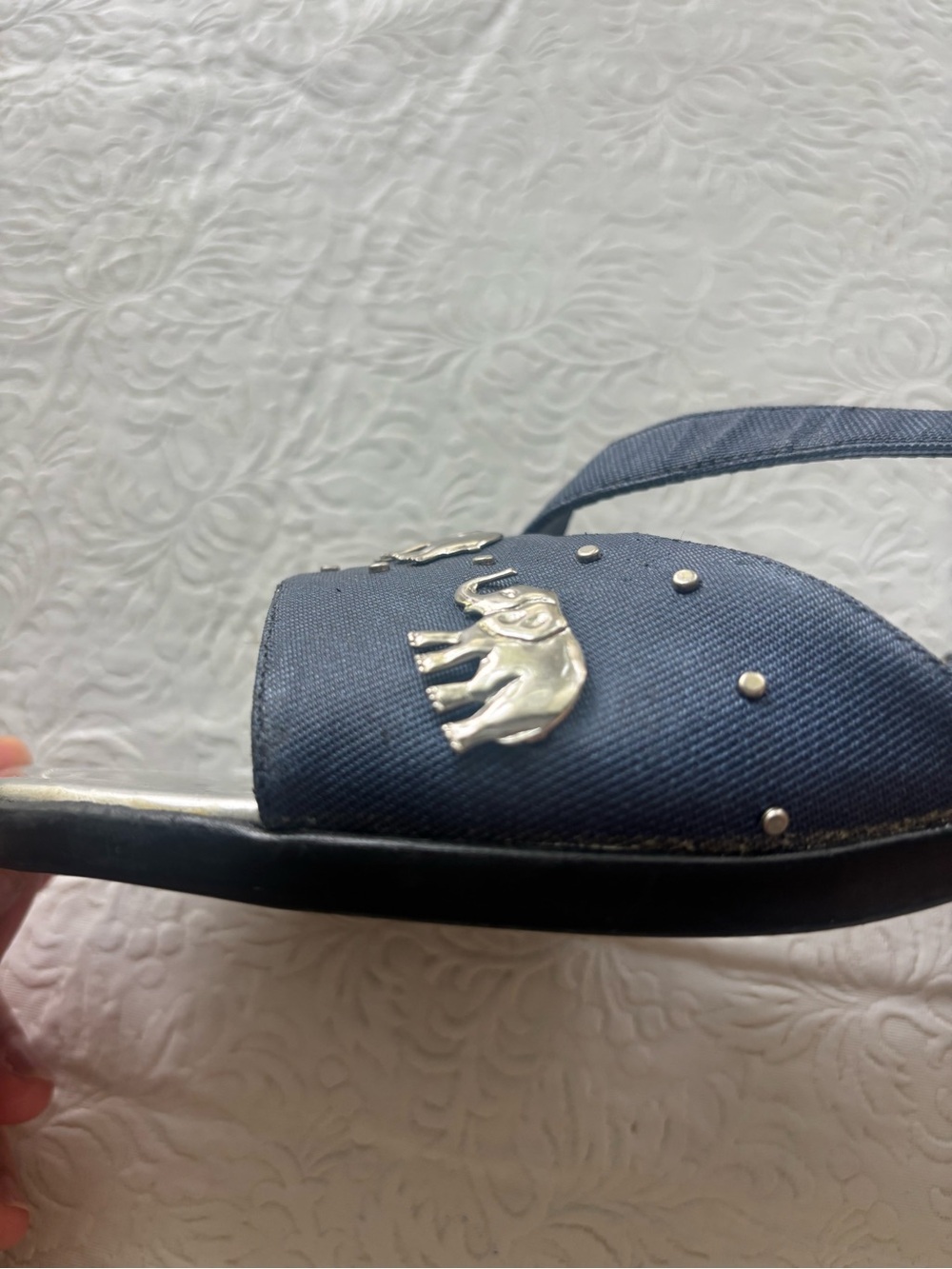 Vintage Allyson Whitmore Silver Elephant-Embellished Slingback Sandals, Size 9 - Picture 7 of 15